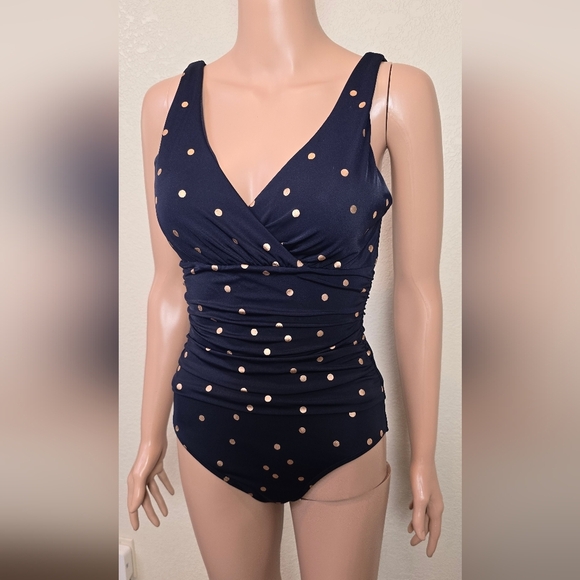 Boden Amalfi Navy Blue Gold Polka Dots One Piece Bandeau Swimsuit Women’s Size 6 - Picture 3 of 6